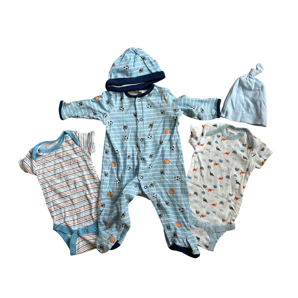 Blue Baby Boy Sleeper & Onesies Bundle Size 3-6 Months With Cotton Caps